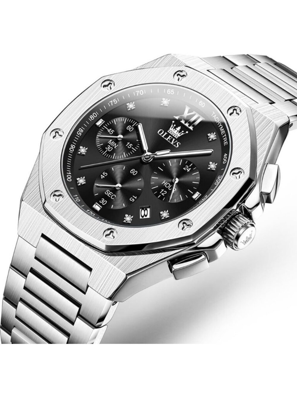 Men's Silver Black Octagonal Luxury Stainless Steel Analog Large Face Wristwatch - Picture 2 of 6